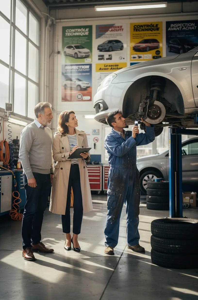 Client discutant avec un spécialiste de l’inspection automobile pour comprendre les résultats avant l’achat du véhicule.