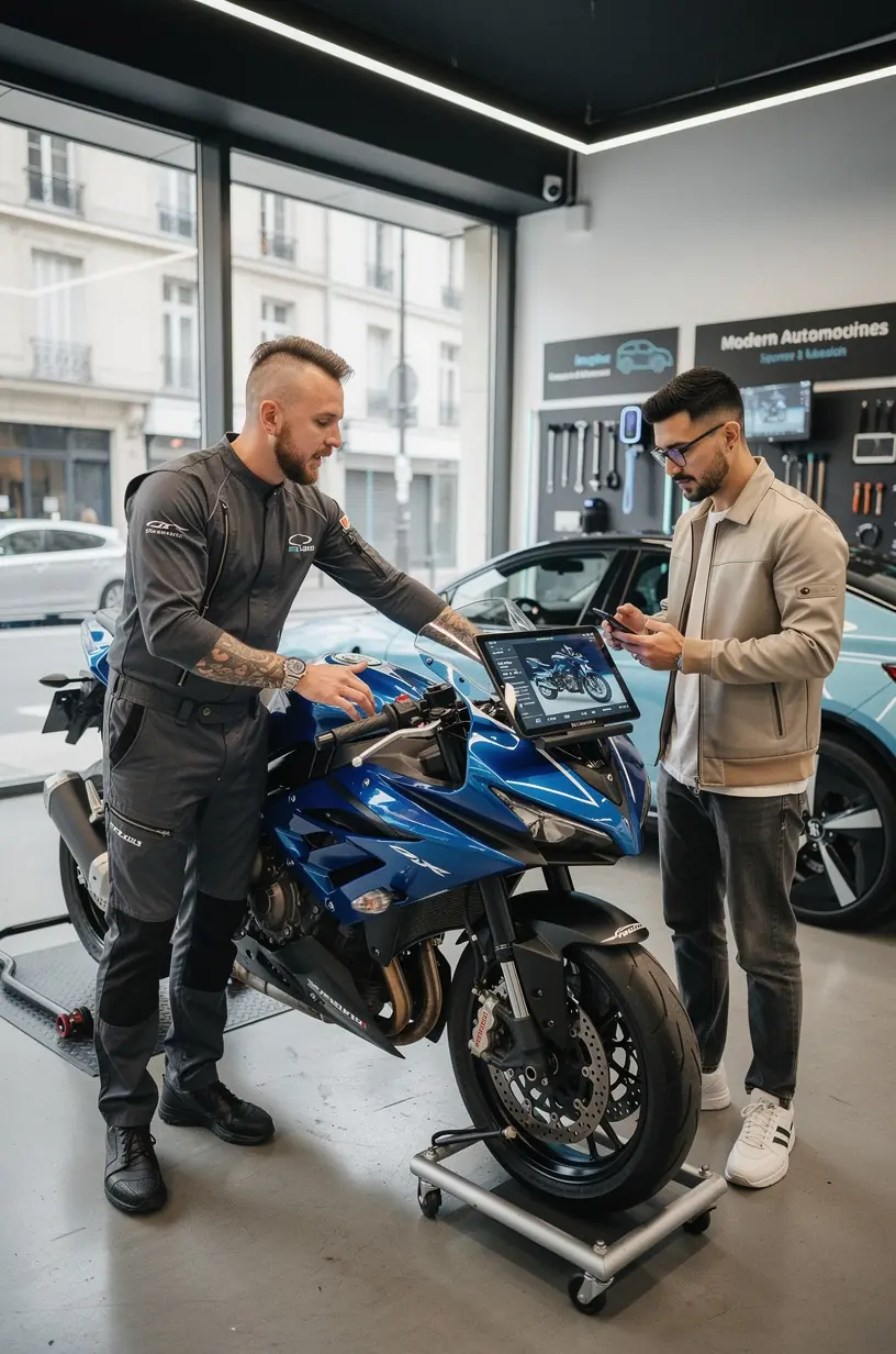 Expert en automobile utilisant des outils de diagnostic modernes pour analyser la mécanique d’une voiture d’occasion.